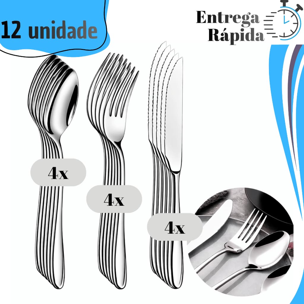 Kit  de Talheres em Aço Inox Colher Garfo Faca Elegante e Sutileza e Qualidade e Resistência Cozinha