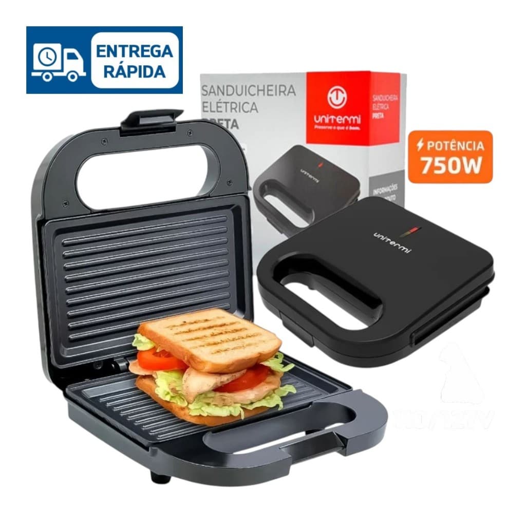 Sanduicheira Elétrica Preta Unitermi 220V e 127V – 750W de Potência, Antiaderente