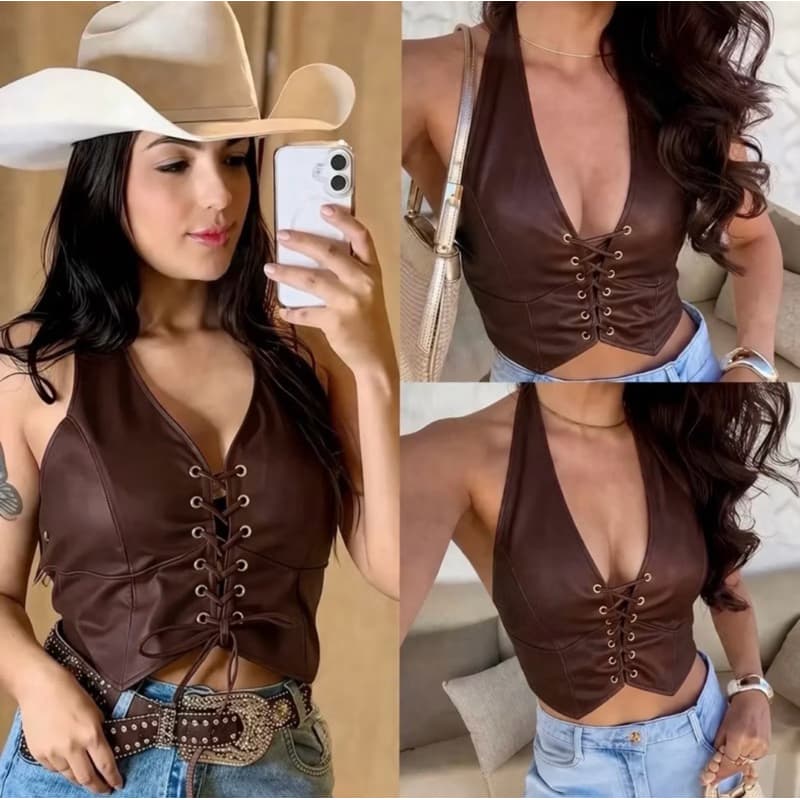 Cropped Feminino Couro Fake Marrom com Amarração Frontal | Top Estilo Country Fashion