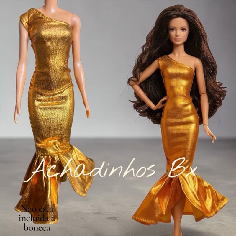 Vestido Dourado Longo 1:6 Sereia Serve Integrity Vestido para boneca roupinha para boneca