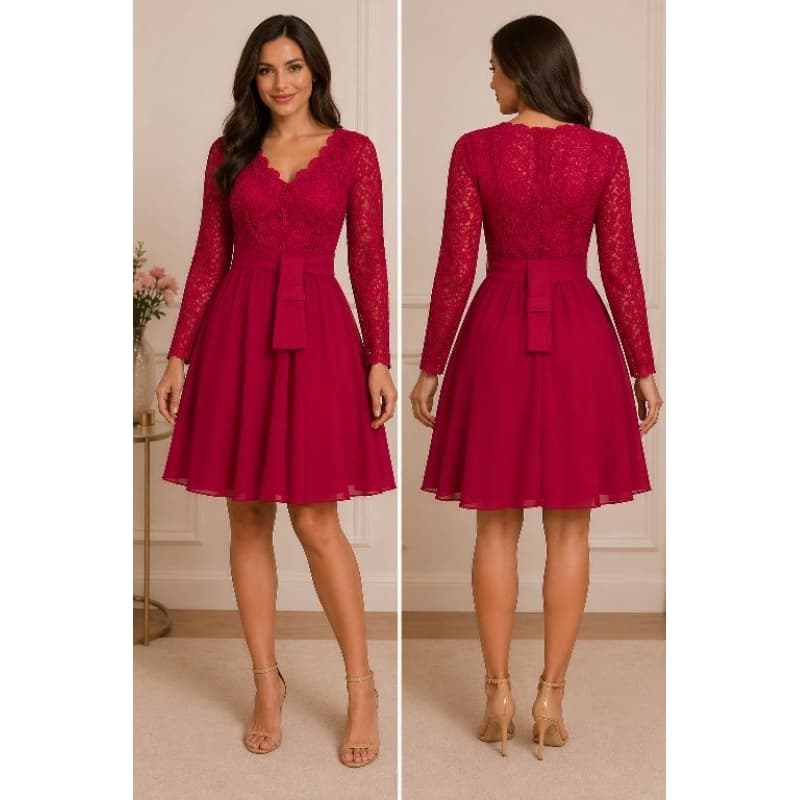 Vestido Vermelho em Renda Guipir Manga Longa + Faixa na Cintura | Tam P