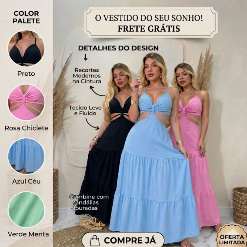 Vestido Feminino Longo cor liso