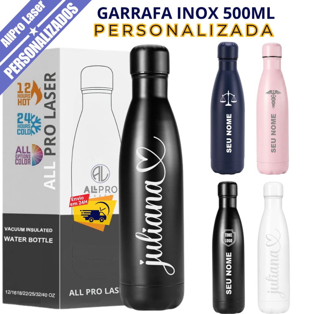 Garrafa Térmica Inox 500ml Personalizada a Laser  Nome Figura Profissões
