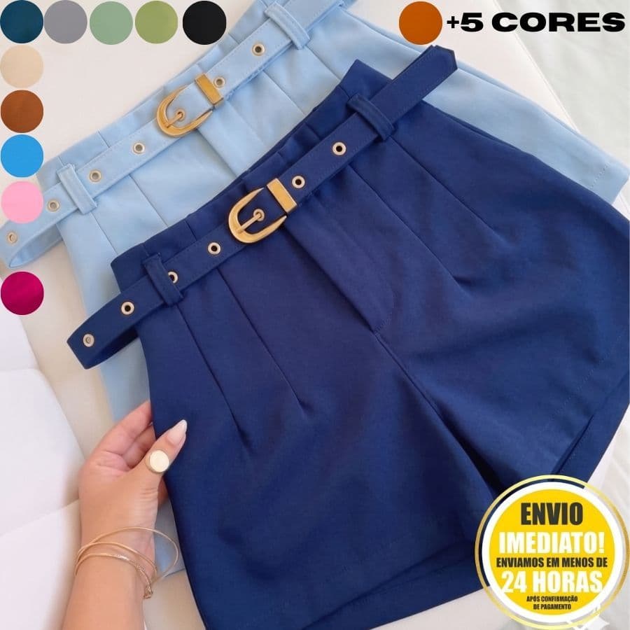 Short Feminino Alfaiataria Com Cinto Cintura Alta Moda Casual P M G GG