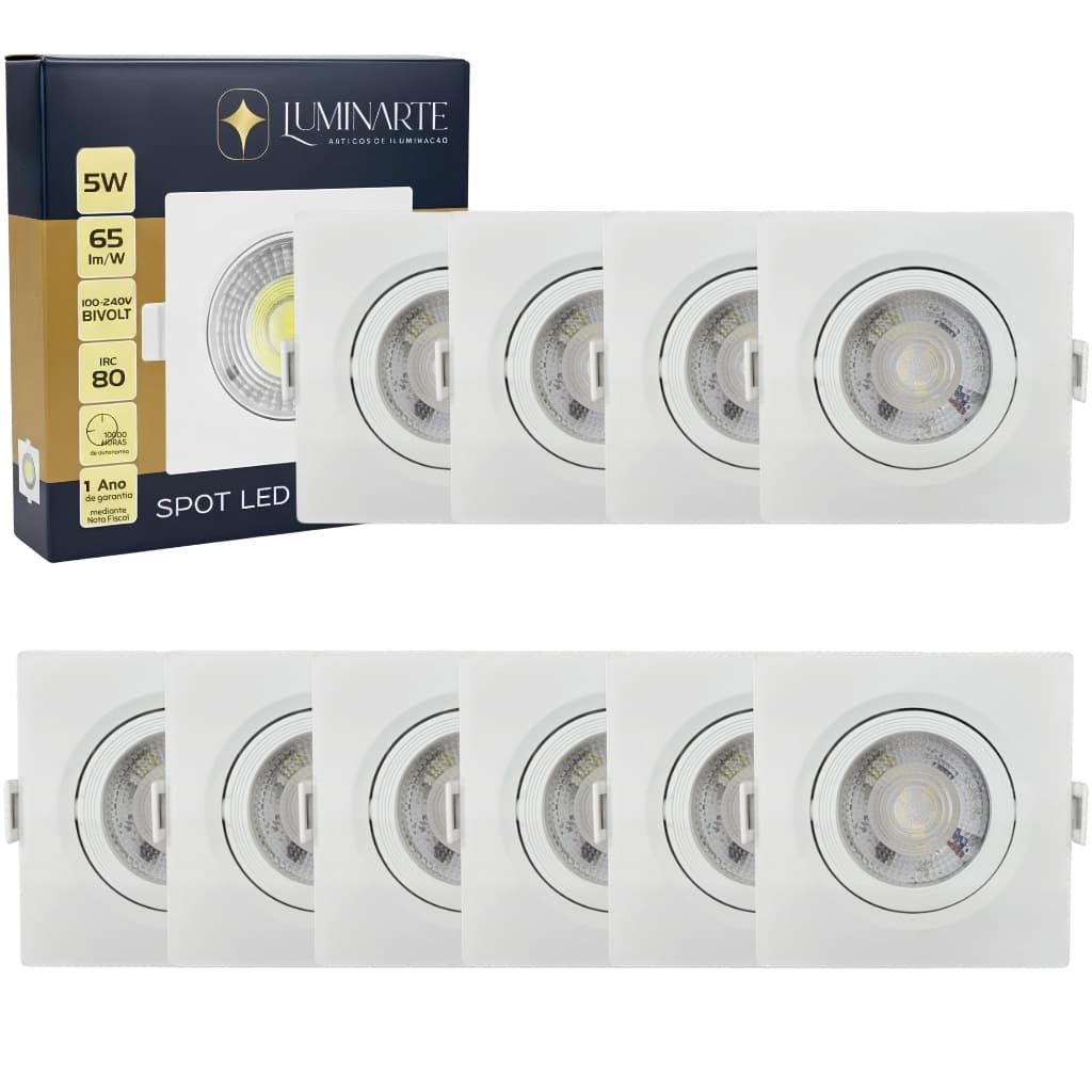 Kit 10 Spot Led Quadrado Embutir 5w Branco Frio Neutro Quente Direcionável Teto Bivolt - Luminarte