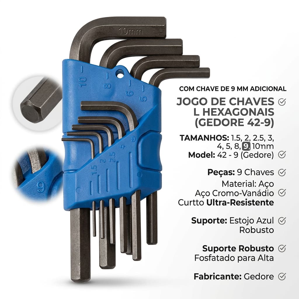 Jogo Allen Chave Hexagonal 1,5-10mm GEDORE 9 Pçs - 42 - 9m