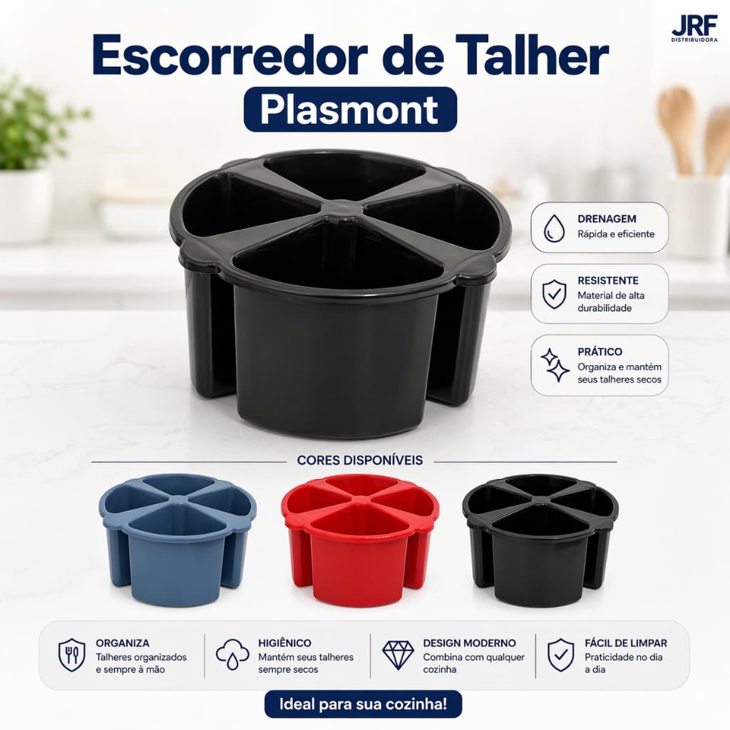 Escorredor de Talheres Redondo com Divisórias e Dreno Plasmont Porta Talher Pia Cozinha Resistente