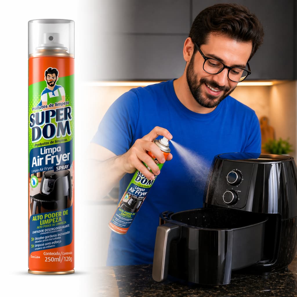 Limpa Air Fryer Spray Desengordurante Remove Gordura Limpeza com Brilho Grelhas Chapas Discos e Espetos 250ml Super Dom