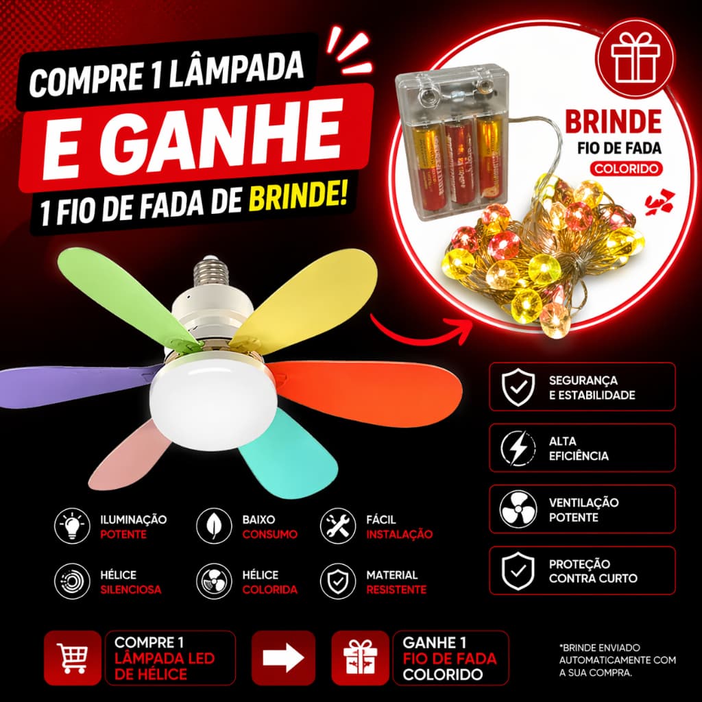 Ventilador colorido com Lâmpada com LED e Controle - Silencioso e Moderno