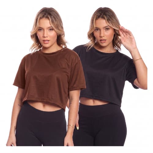 Blusa Cropped Oversized Feminina Manga Curta Estilo Americano Colegial Camiseta Básica Algodão Kit 2 Unidades