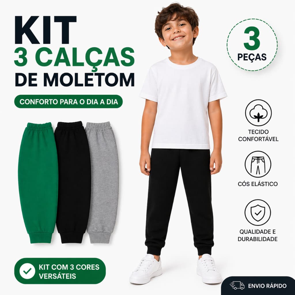 Kit 3 Calças de Moletom Infantil Masculino - Kit com Calça de Moletom de Menino