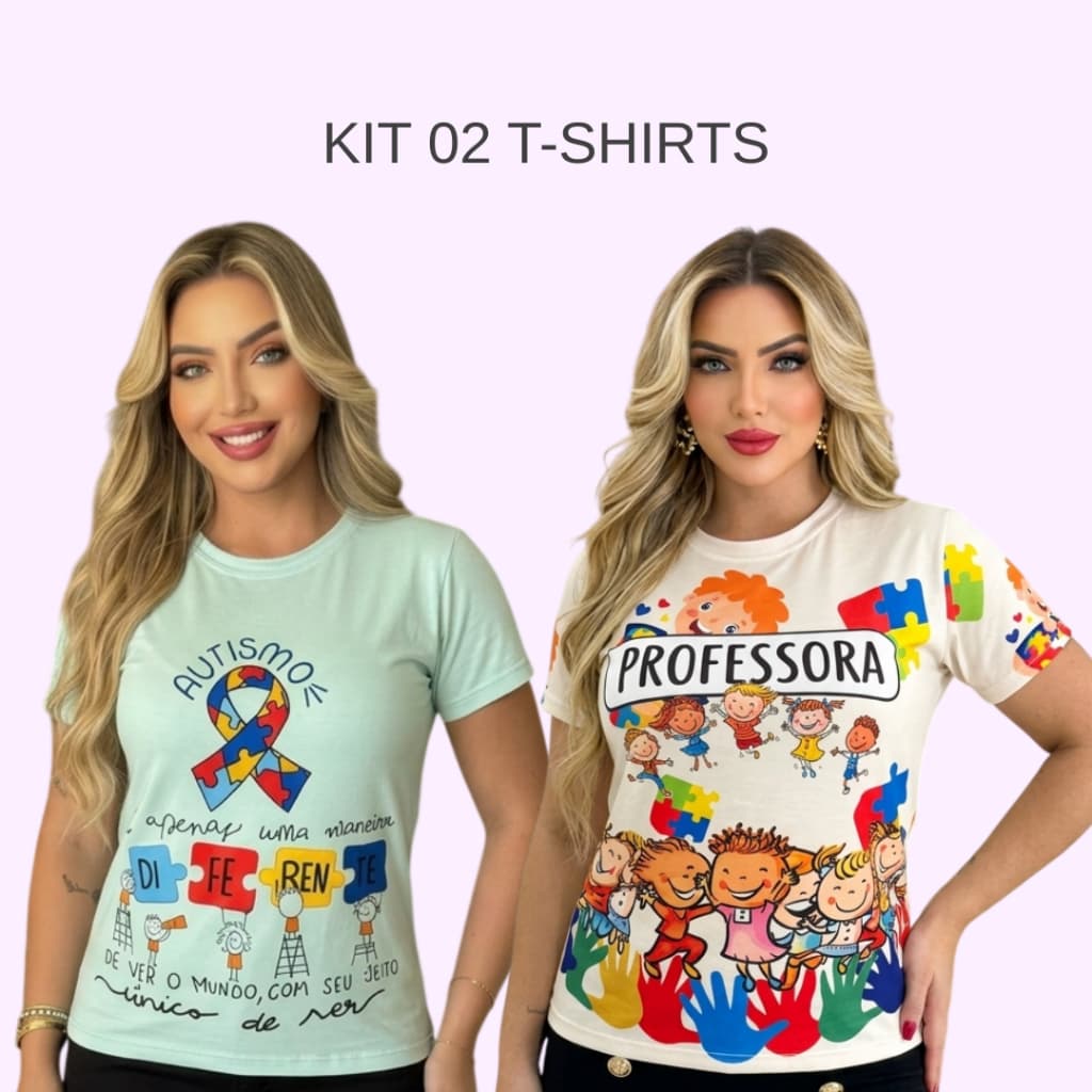Kit 2 T-shirt Feminina Professora Autismo Blusa Manga Curta Autista Educação Profissões Inclusão Camiseta Baby look