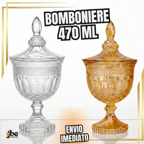 Bomboniere Potiche Vidro Âmbar ou Transparente com Pé Baleiro Decoração Tampa 470ml Luxo Premium Elegante