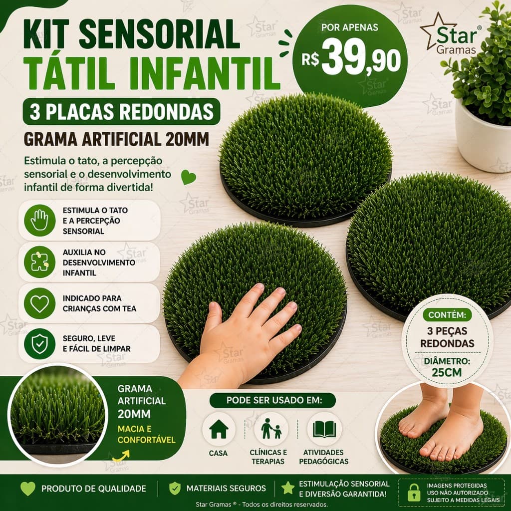 Kit Sensorial Infantil 3 Placas 25cm Grama 20mm Tapete Tátil TEA Estimulação Sensorial