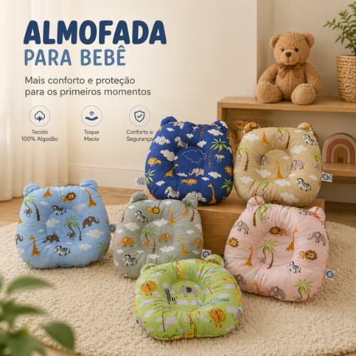 Travesseiro Almofada Anatômico para Bebê Tecido Antialérgico 100% Algodão Meninos e Meninas
