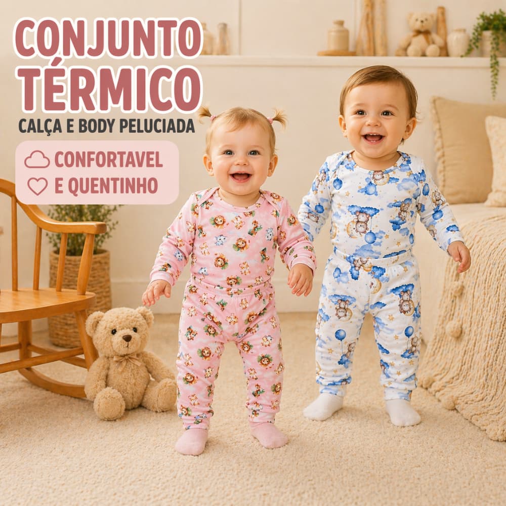 Conjunto Térmico Pagão Longo Body e Calça Peluciado Inverno  Frio Infantil Estampado Menino e Menina