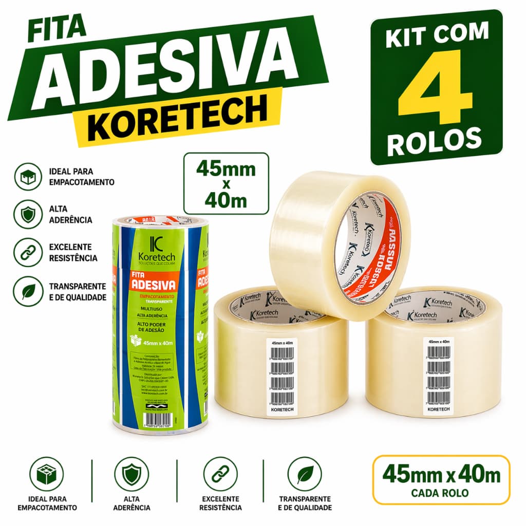 4 Rolos Fita para Embalagem Koretech Transparente 45mm x 40m Profissional