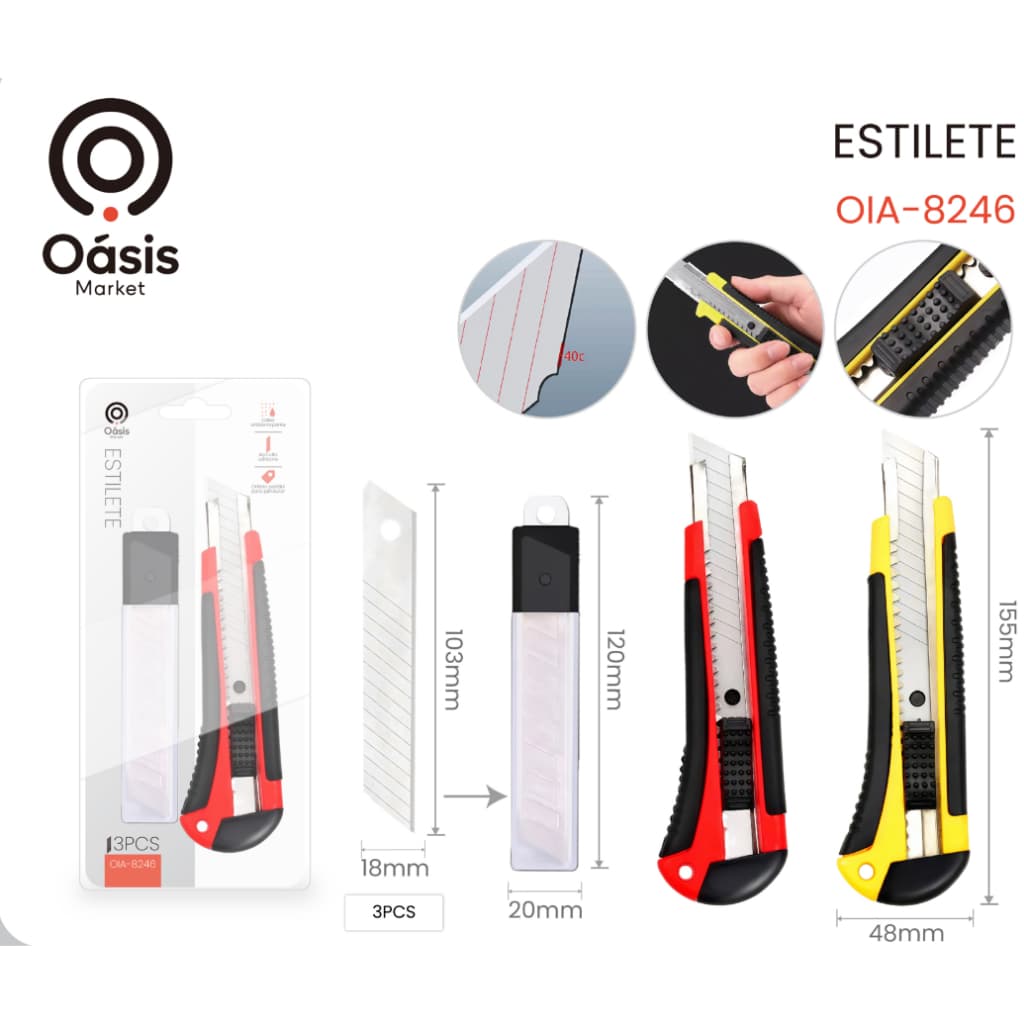 KIT COM 2 ESTILETES + 6 LAMINAS PROFISSIONAL ALTA QUALIDADE EMBORRACHADO 18MM C/LAMINA