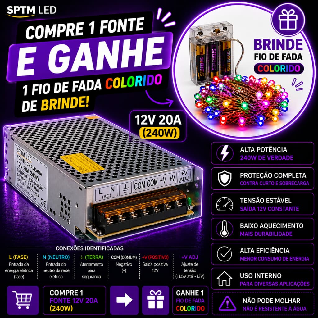 Fonte chaveada Colmeia  12V 20A -  Alta Performance e Segurança (Cod:12v  20a)