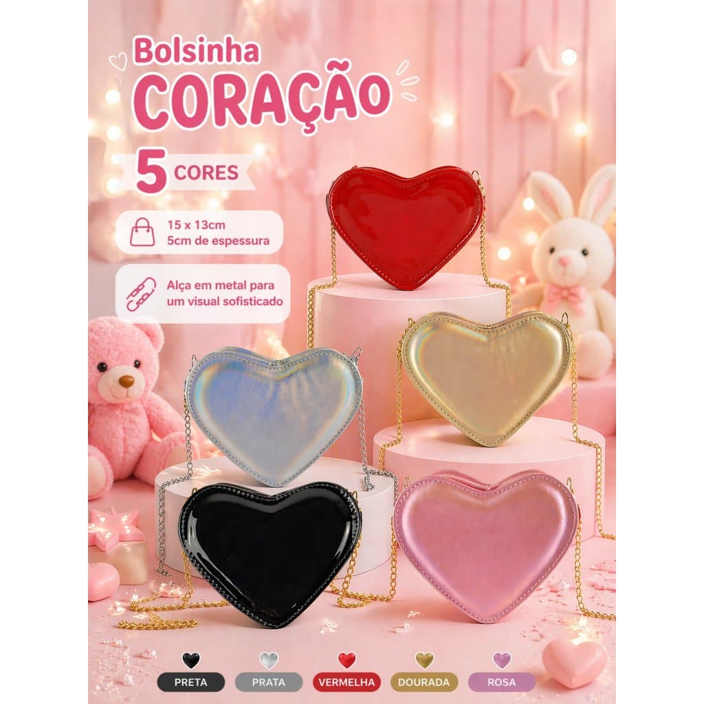 Bolsa Infantil Coração Brilhante Menina Festa Transversal Pequena 15cm