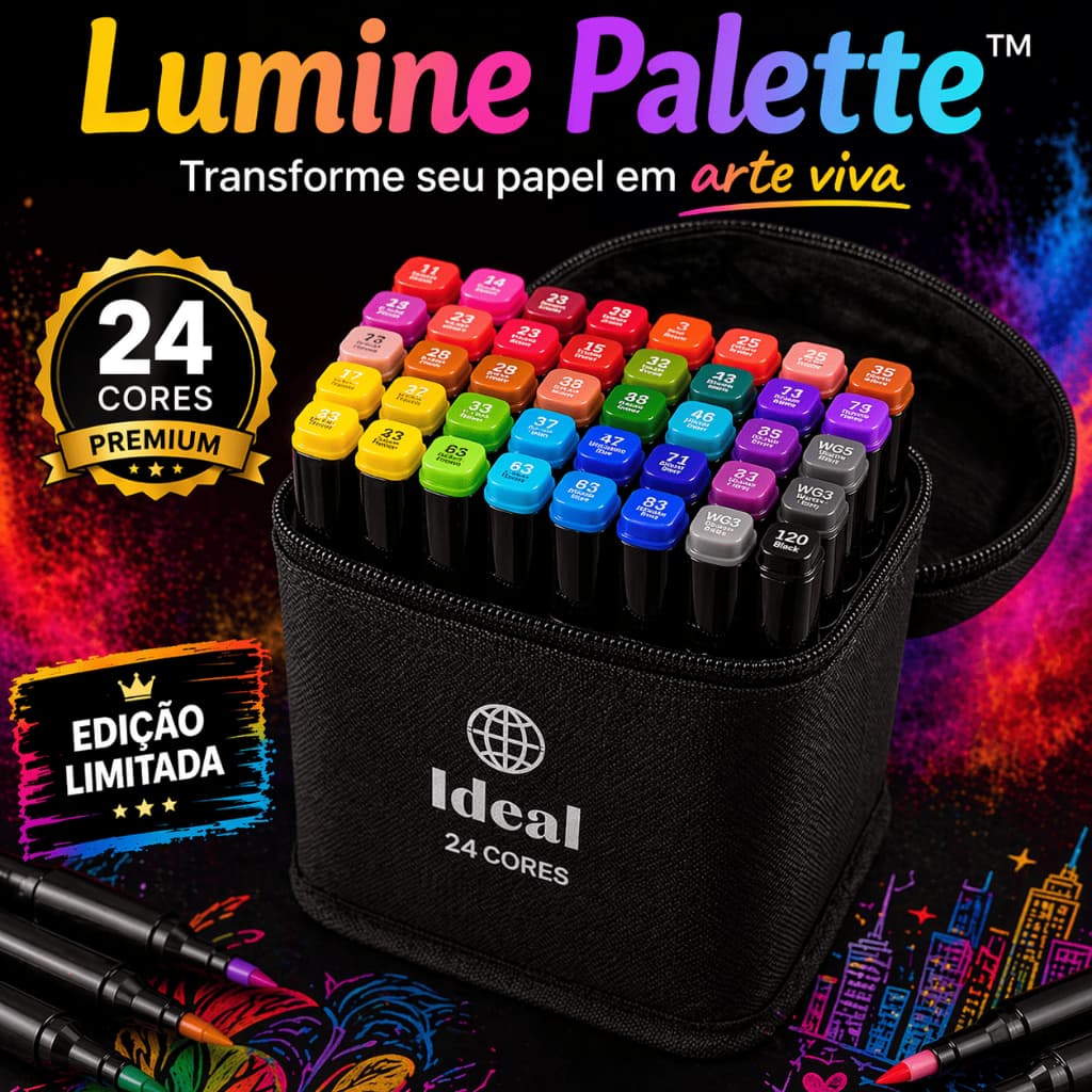 Kit 24 Canetas Coloridas Hidrográficas Ponta Fina Estojo Premium Lumine Palette – Cores Vibrantes