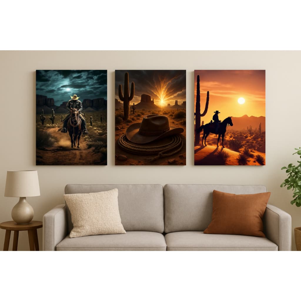 Kit 3 quadros decorativos deserto cowboy cacto sol decoração sala quarto