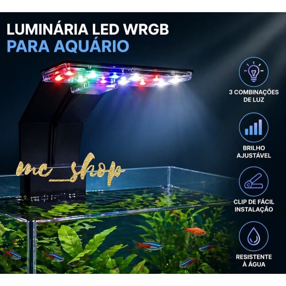 Luminária LED WRGB USB de clip para Aquário – 3 Modos de Luz, Brilho Ajustável 7w