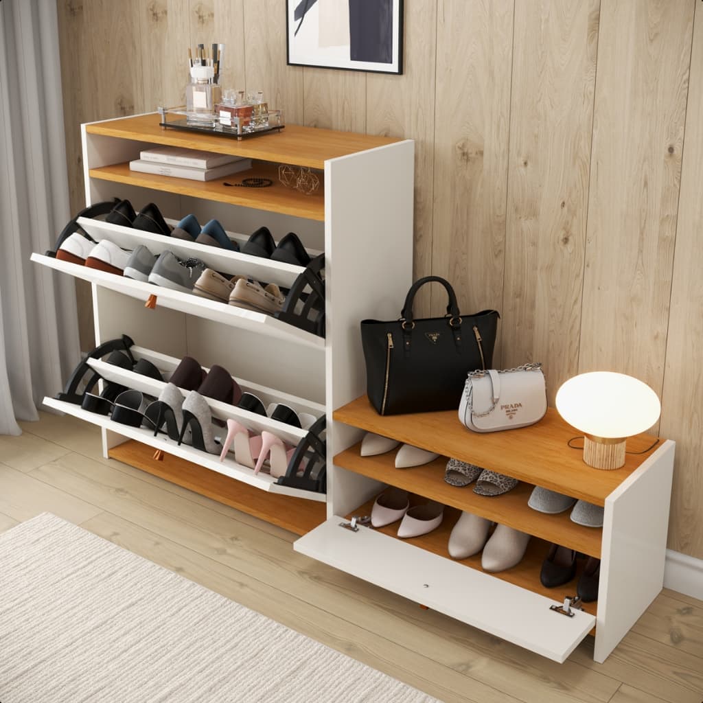 Sapateira Multiuso com Nichos 3 Portas Basculantes Off white Moderna para Hall Quarto e Closet