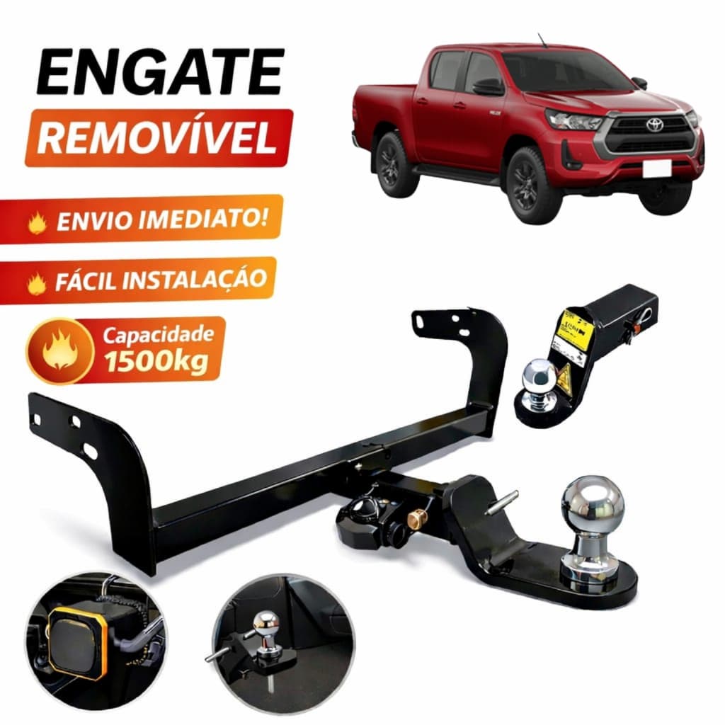 Engate Reboque Removível Toyota Hilux Pick-up 2005 à 2027 1500kg Rabicho Novo Completo Não Fura Reforçado