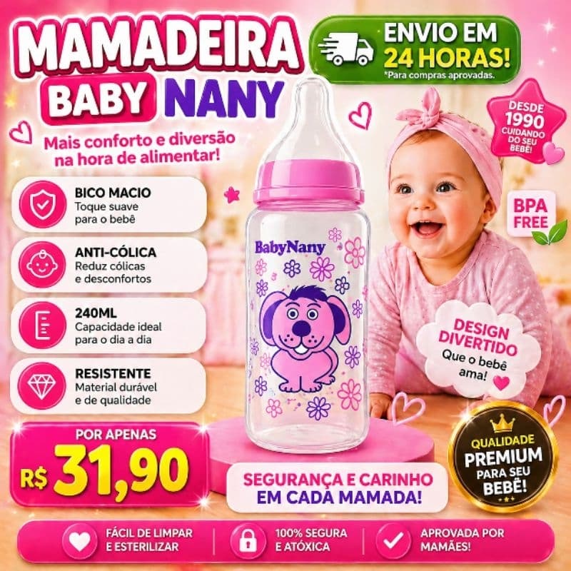 Mamadeira Para Bebê Baby Nany 240ml Rosa 1 Unidade Antivazamento Postamos em 24h