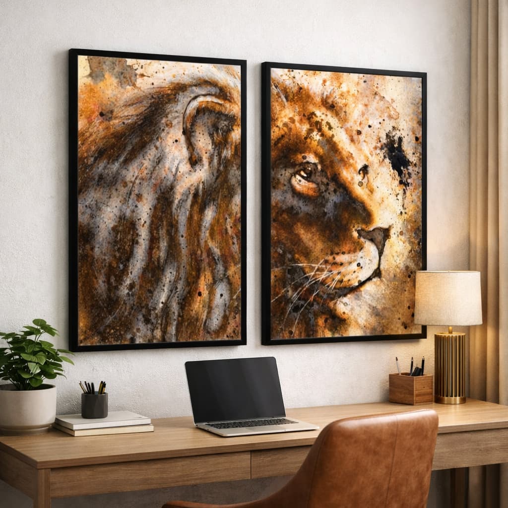 Kit 2 Quadros Decorativos com Moldura Sala Quarto Duo Animais Leão de Judá Rei da Selva Vidro