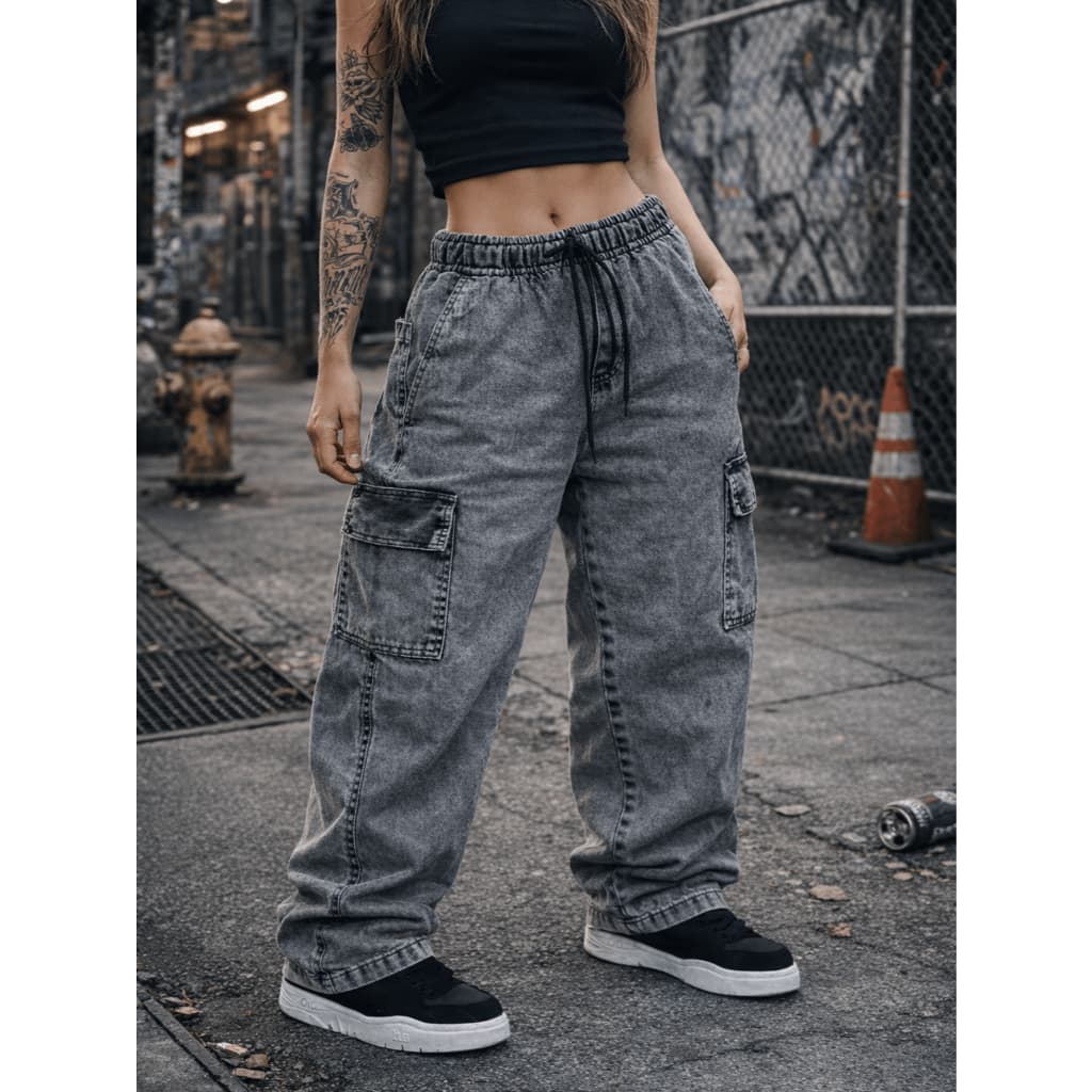 Calça Cargo Feminina Jeans Streetwear