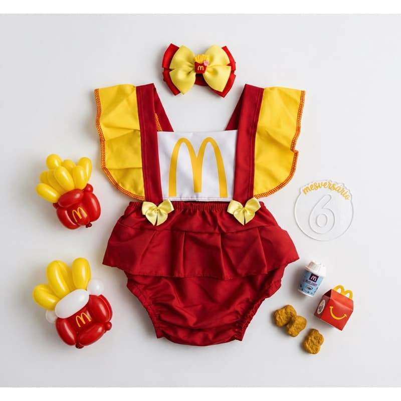 Body Romper Jardineira Mc Donald Batatinha Mesversario + laço com aplique