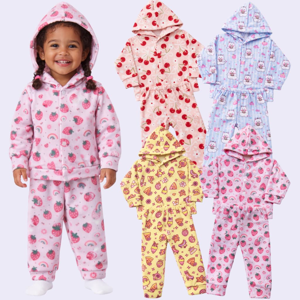 Kit 4 Peças de Roupas Conjunto Soft Estampado Inverno Com Capuz Bebê e Infantil (2 Casacos + 2 Calça)