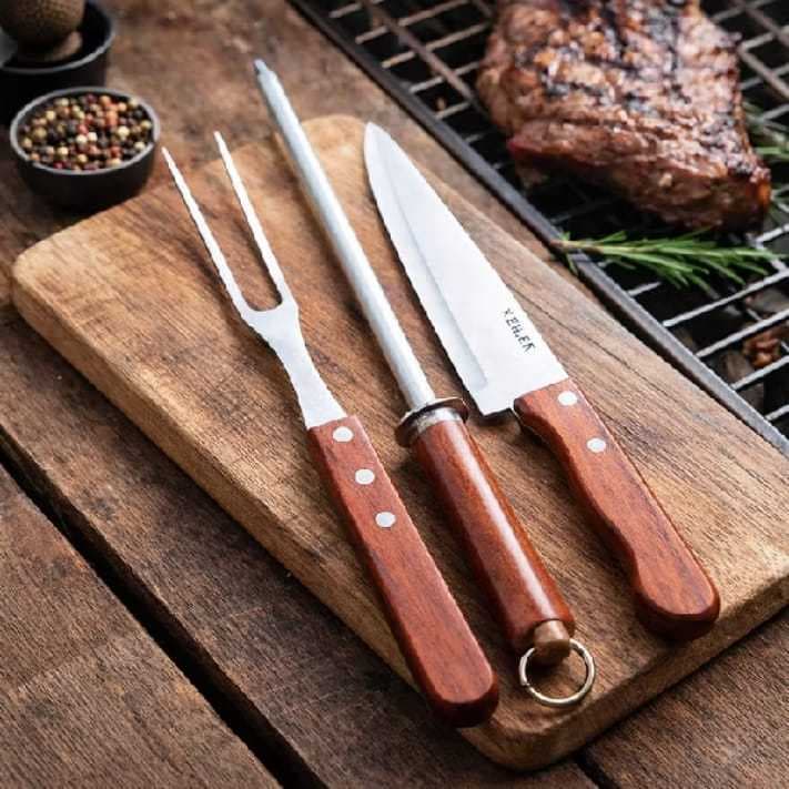 Kit Churrasco 3 Peças Inox Cabo Madeira Faca Garfo Chaira Profissional
