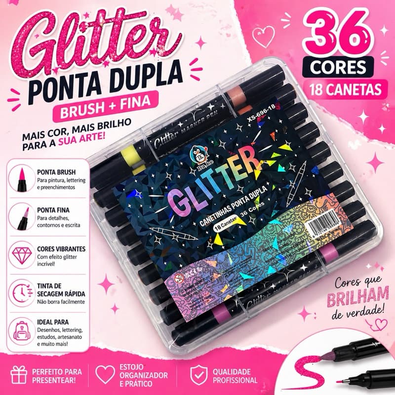 Canetinhas Glitter Ponta Dupla 36 Cores (18 Canetas) | Brush + Fina | Marcador Colorido Profissional