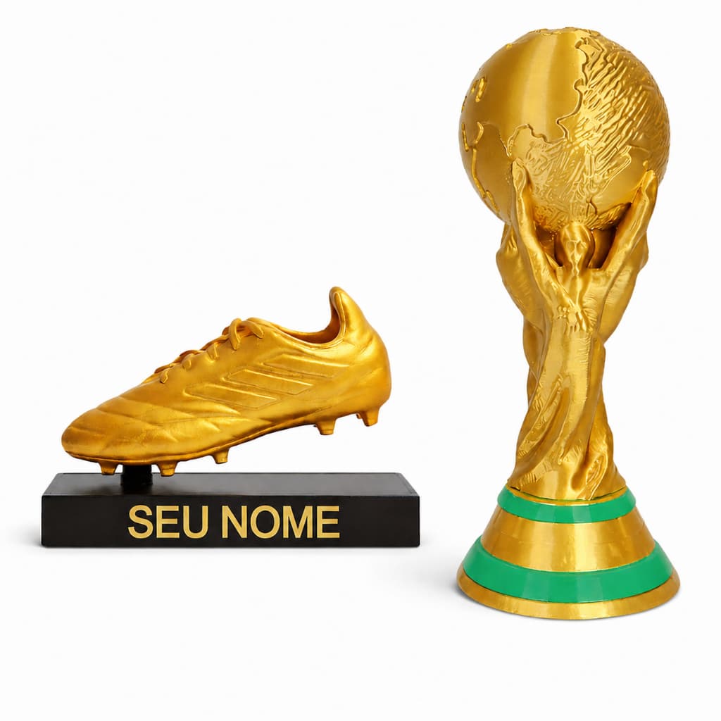 Kit Futebol Campeão | Taça Copa do Mundo + Troféu Chuteira de Ouro Personalizado | Decoração Premium Brasil