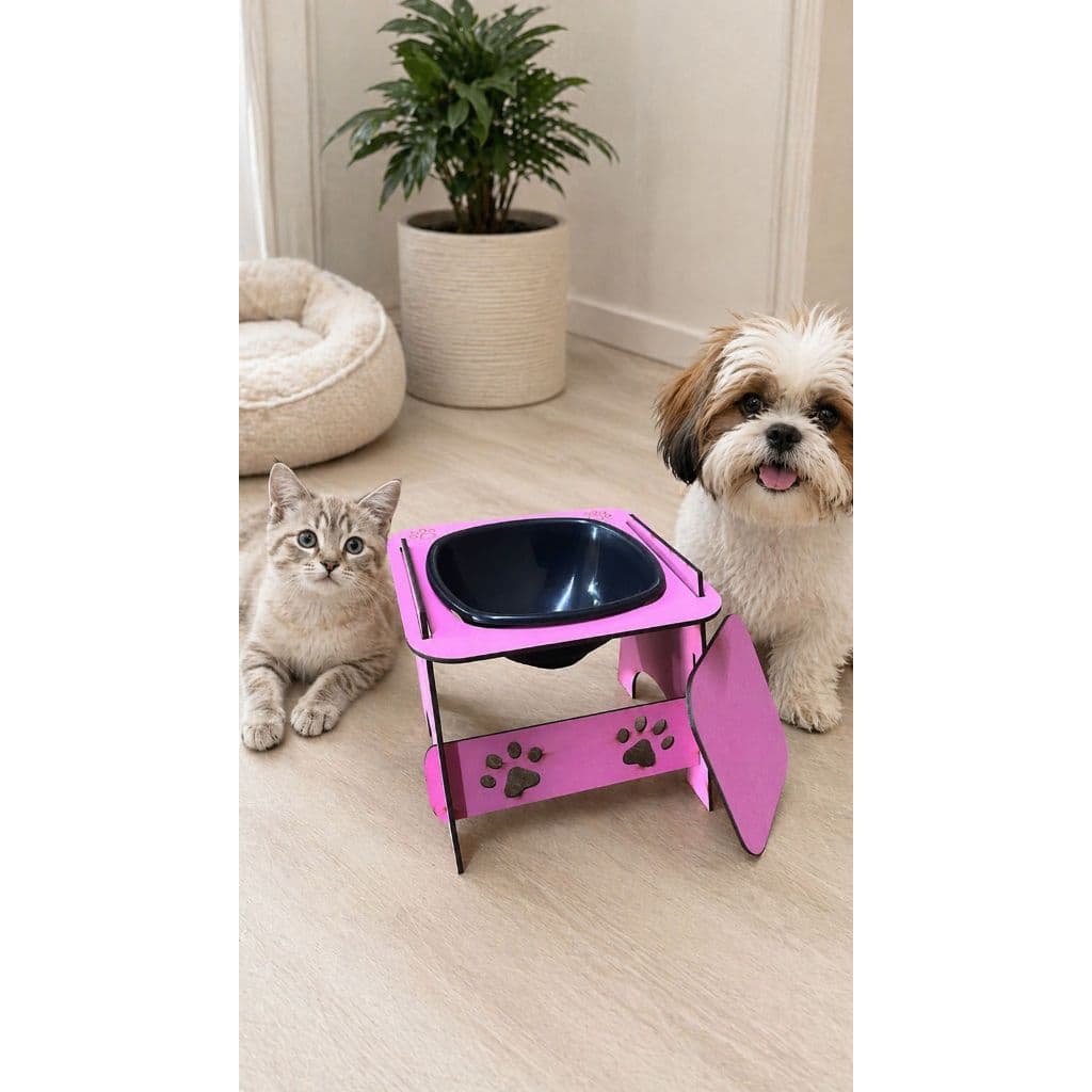Comedouro Bebedouro Elevado Pet Gato Cachorro Com Tigela Em Madeira Mdf