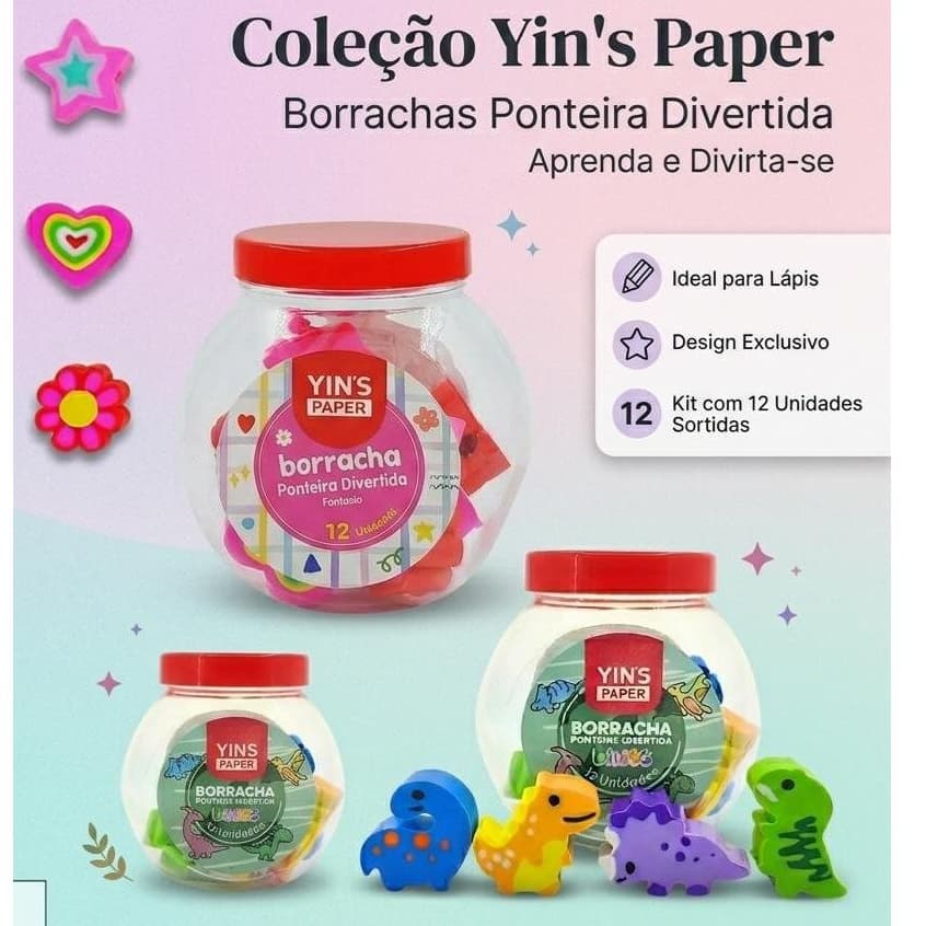 Kit Borracha Ponteira Fantasia e Dinos c/12 borrachas - Yins Paper
