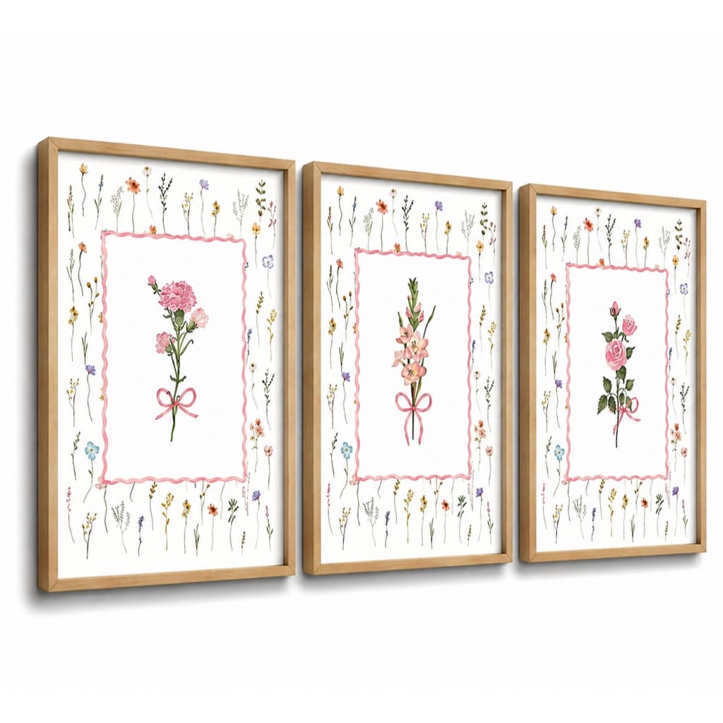 Kit 3 Quadros Decorativos Infantil | Flores, Jardim, Delicado, Floral | Quarto Menina – No302