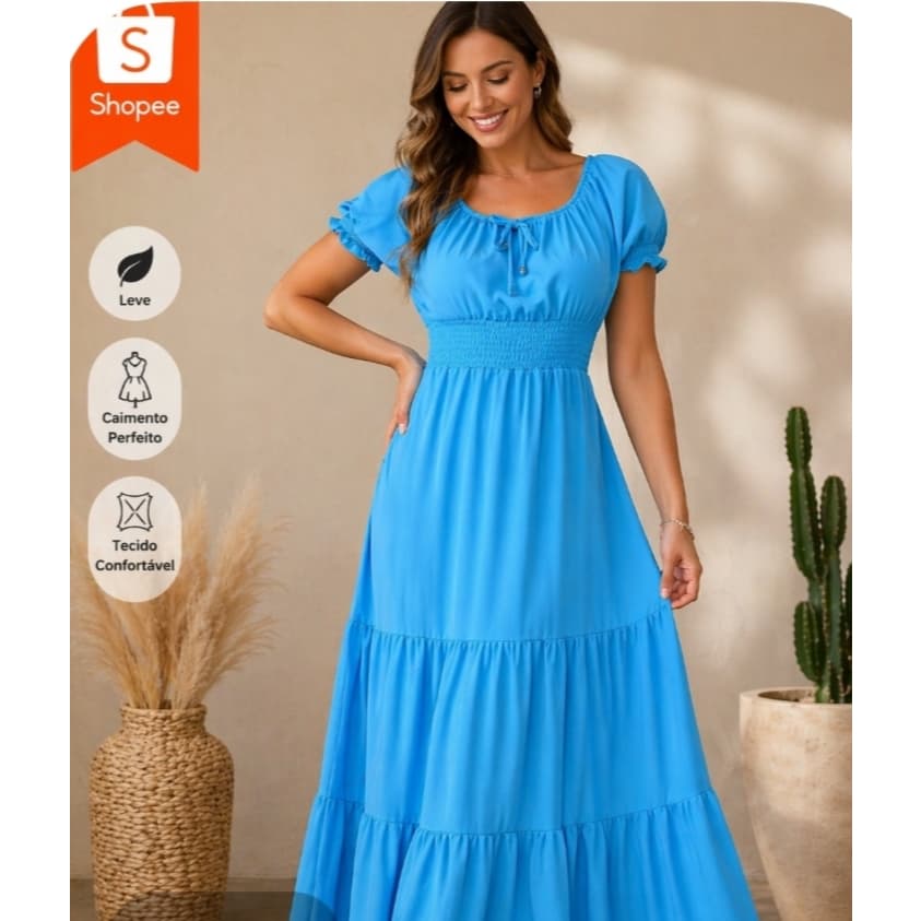 Vestido Longo Feminino Cintura Marcada Manga Curta Leve Confortável Moda Verão Casual Elegante