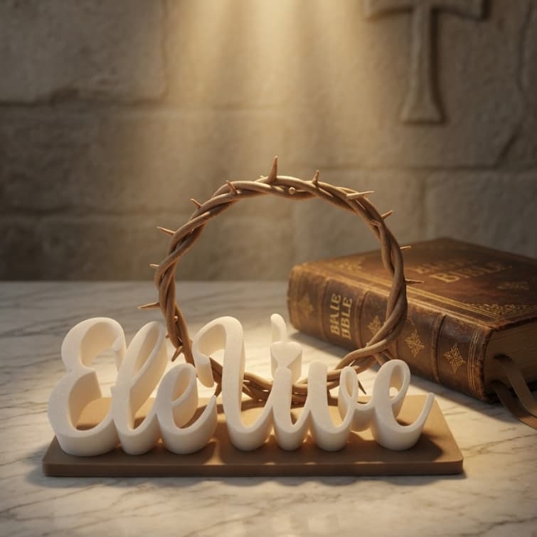 Troféu “Ele Vive” 3D com Coroa de Espinhos – Decoração Cristã Presente Religioso Mesa Altar