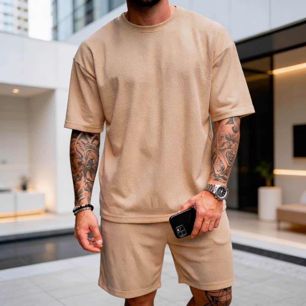 Conjunto Camiseta + Short Texturizado Casual Básica Texturizada Malha Premium