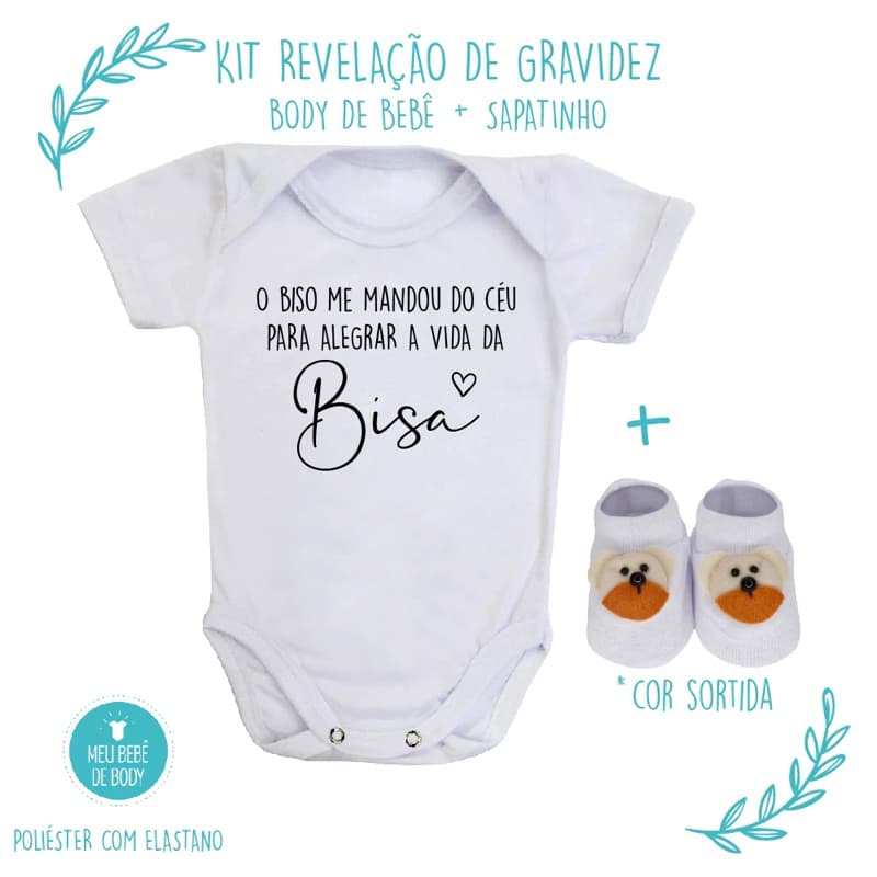 Kit Revelação de Gravidez Body de Bebê + Sapatinho Biso Me Mandou do Céu Para Bisa