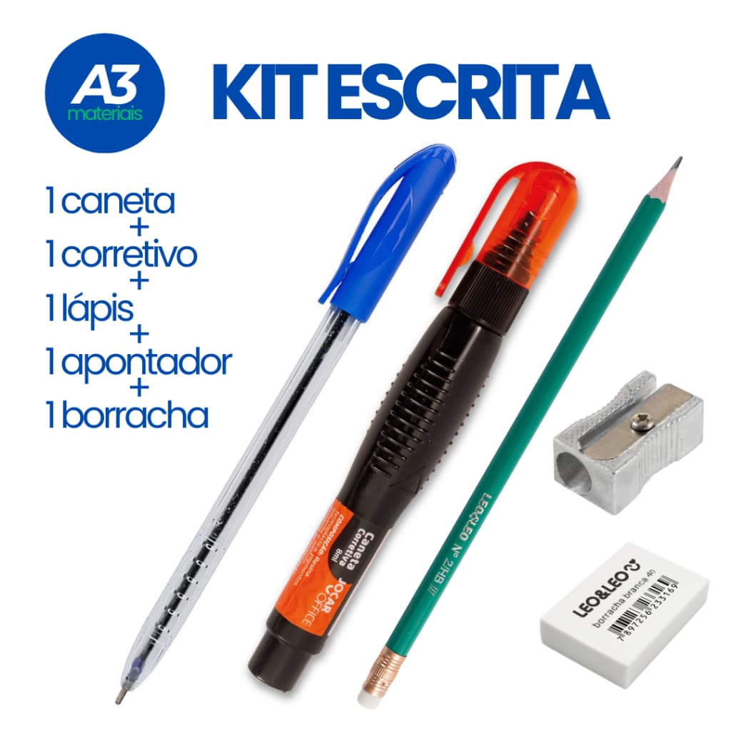 Kit Escrita C/5 Itens 1 Caneta + 1 Corretivo + 1 Lápis + 1 Borracha + 1 Apontador