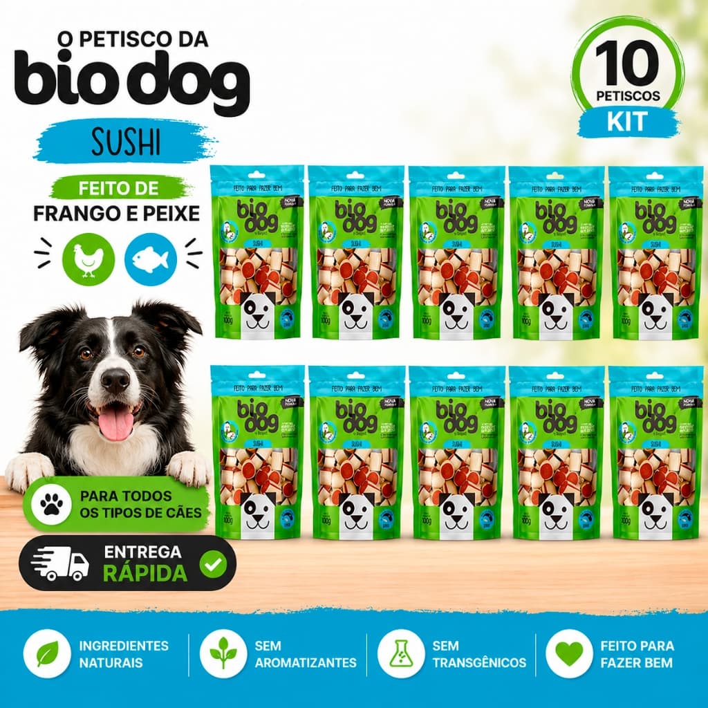 Kit 10 Bifinho Petisco Natural Biscoito Snack Biodog Mordedor Gourmet Sushi