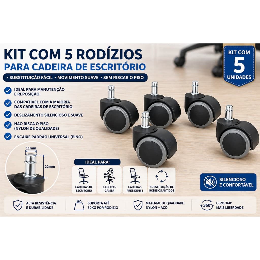 Rodinhas Rodizio de Silicone 50mm para Cadeira de escritório