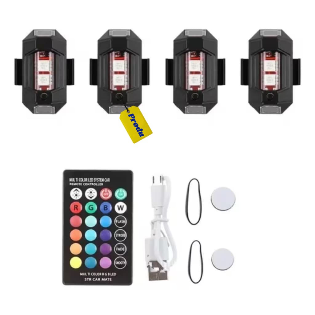 Kit 4 Luzes LED Anticolisão para Drone Moto Bike Capacete Strobo 7 Cores Controle Remoto