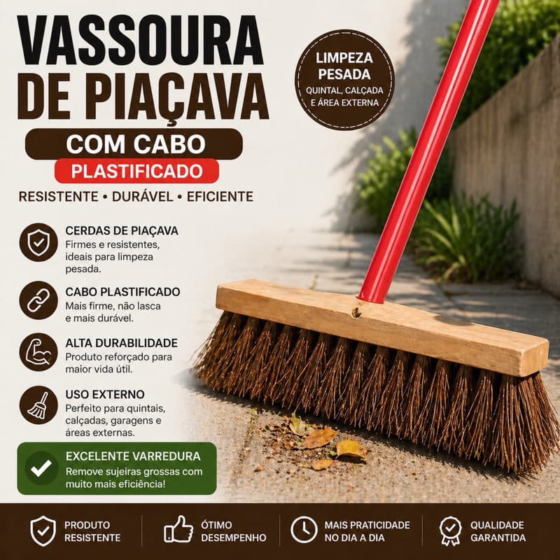 Vassoura Piaçava 40cm com Cabo Reforçada Profissional Para Quintal Calçada Área Externa