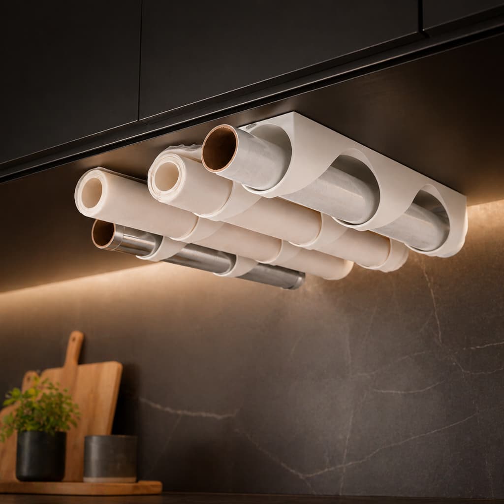 Suporte Organizador Papel Filme Alumínio Manteiga Cozinha Para Rolos Fixação Dupla Face ou Parafuso Design Mordeno